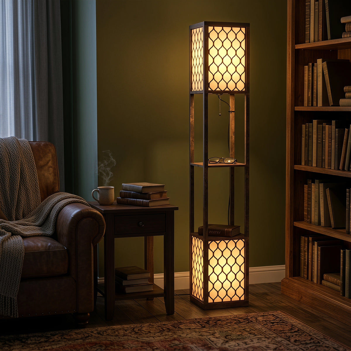 Rustic brown floor lamp with twin glowing panels and storage shelves beside an armchair.