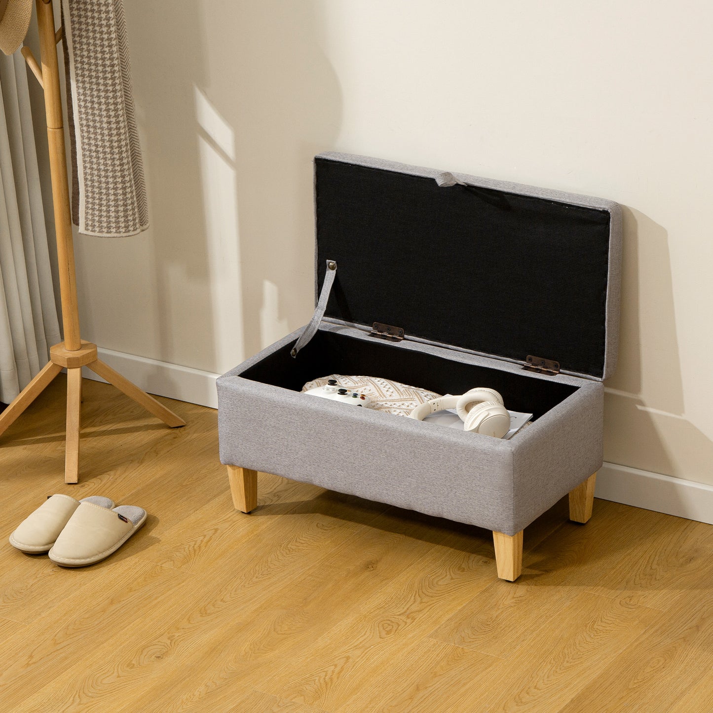 HOMCOM 30L Linen Storage Ottoman Padded Footstool With Rubberwood Legs Storage Box Bed End Shoe Bench Seating Light Grey