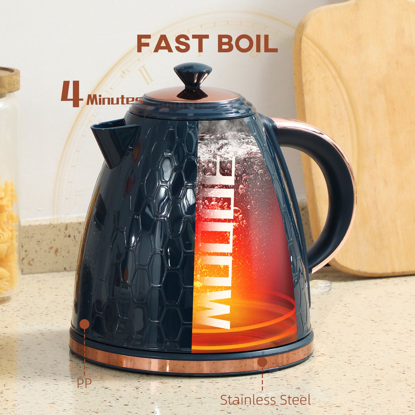 HOMCOM 3000W Rapid Boil Kettle With Honeycomb Design Dark Blue Auto Shut Off Boil Dry Protection For Tea And Coffee