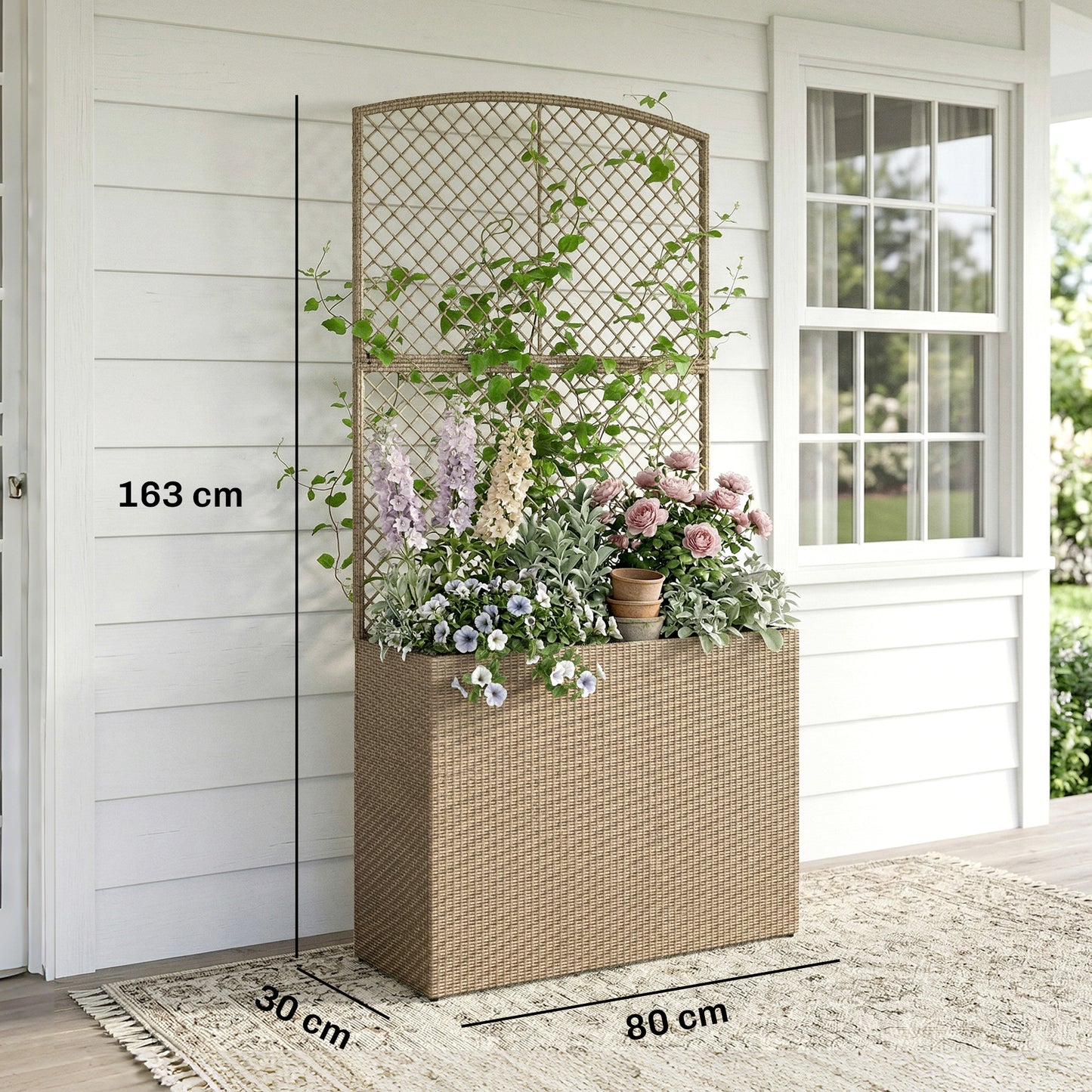 Outsunny Rattan Planter With Trellis Raised Bed For Garden With Liner Climbing Plants Vegetables Flowers Light Grey