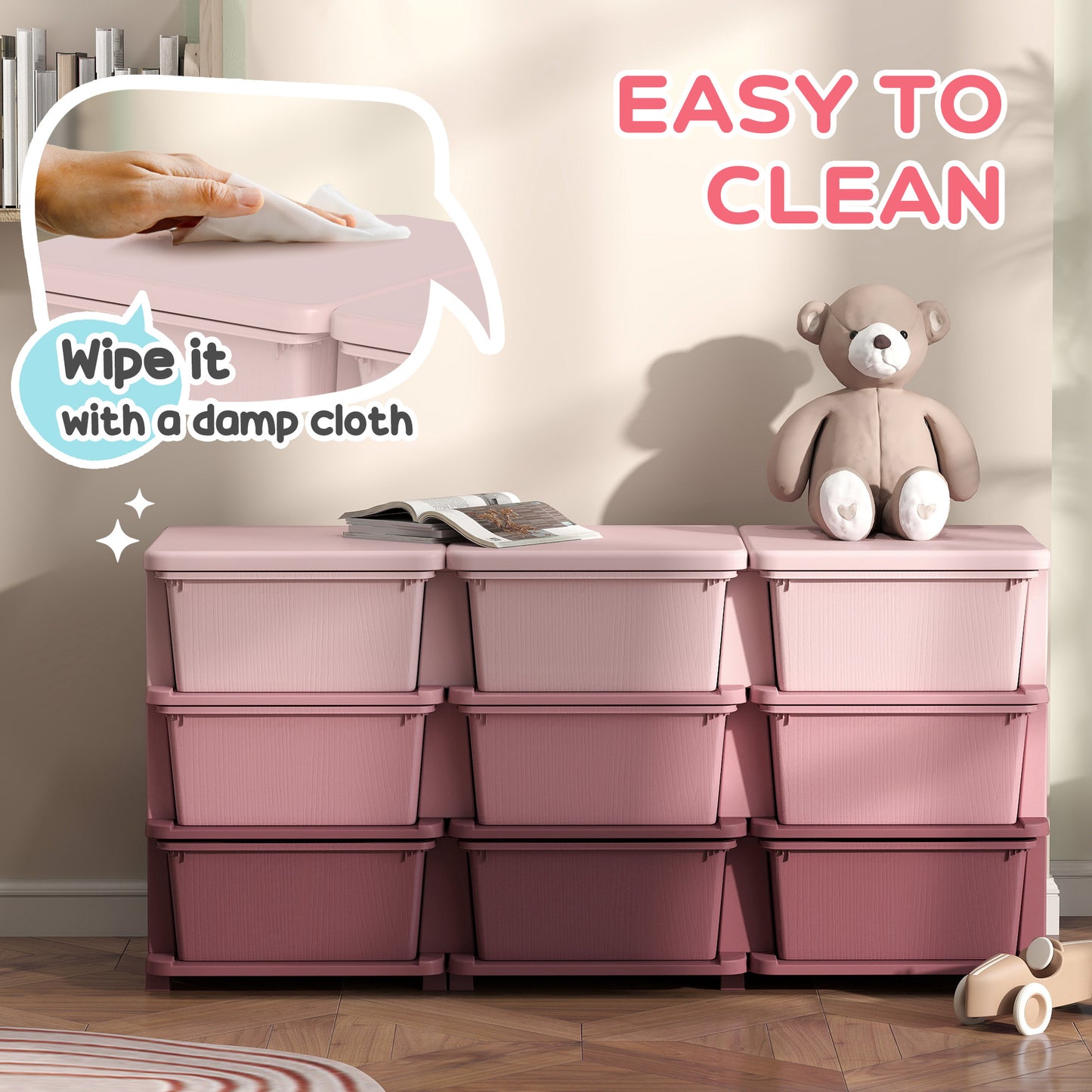 HOMCOM Kids Storage Unit with Nine Drawers Pink Toy Organizer for Toys and Books
