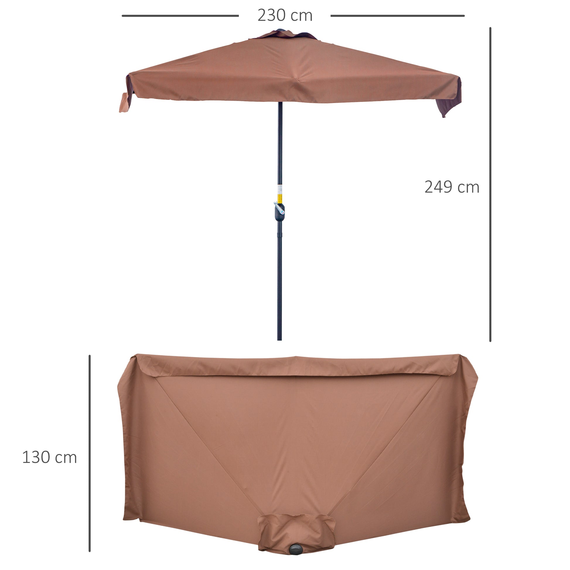 Outsunny 2.3m Wall-Mounted Semi Round Patio Umbrella with Metal Frame and Crank Handle - Brown (Base Not Included) - ALL4U RETAILER LTD