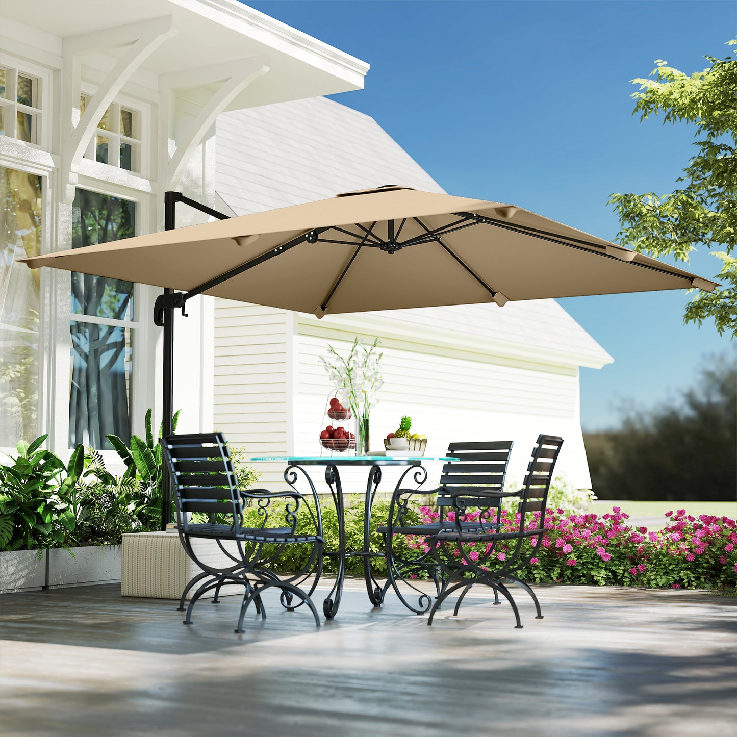 Outsunny 3x3m Cantilever Parasol Square Patio Umbrella With Crank Handle Cross Base Tilt 360 Degree Rotation Khaki