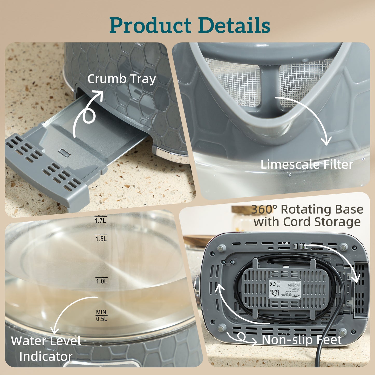 HOMCOM Kettle And Toaster Set 1.7L 3000W With Limescale Filter 2 Slice Toaster Seven Browning Controls Grey