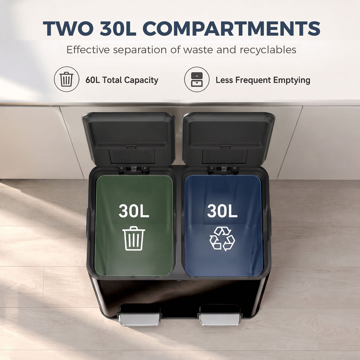Homcom Double Kitchen Waste Bin 2x30L Pedal Soft Close Lids Black
