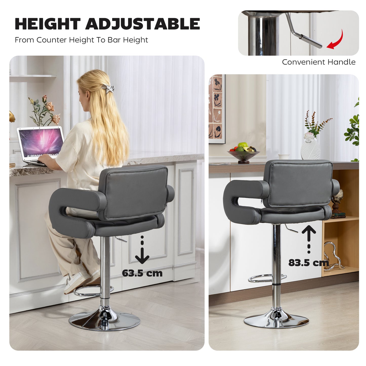 HOMCOM PU Leather Upholstered Swivel Bar Stool With Height Adjustable Backrest Armrests Footrest Grey