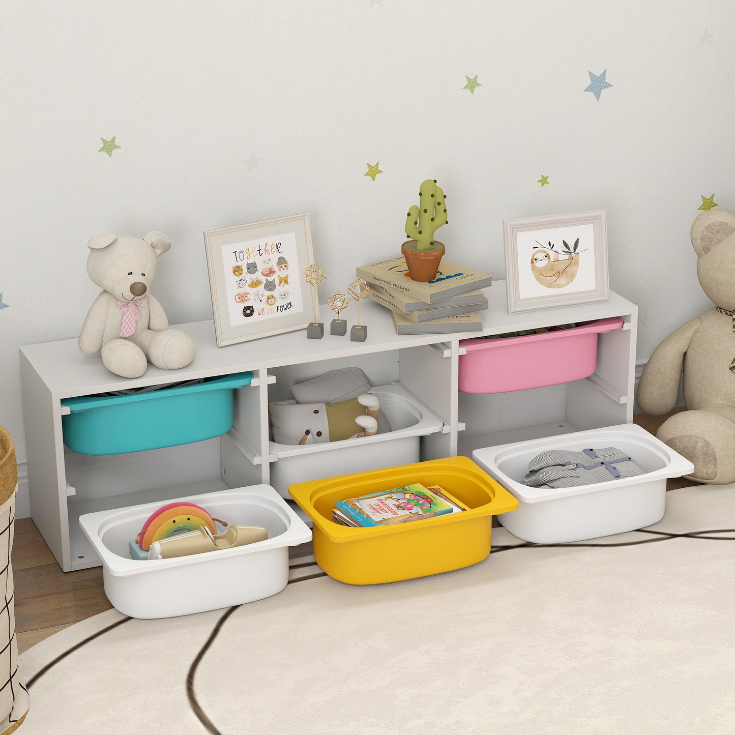 AIYAPLAY Low Height Two Tier Toy Storage Organiser With Six Removable Bins For Kids Bedroom Nursery Playroom