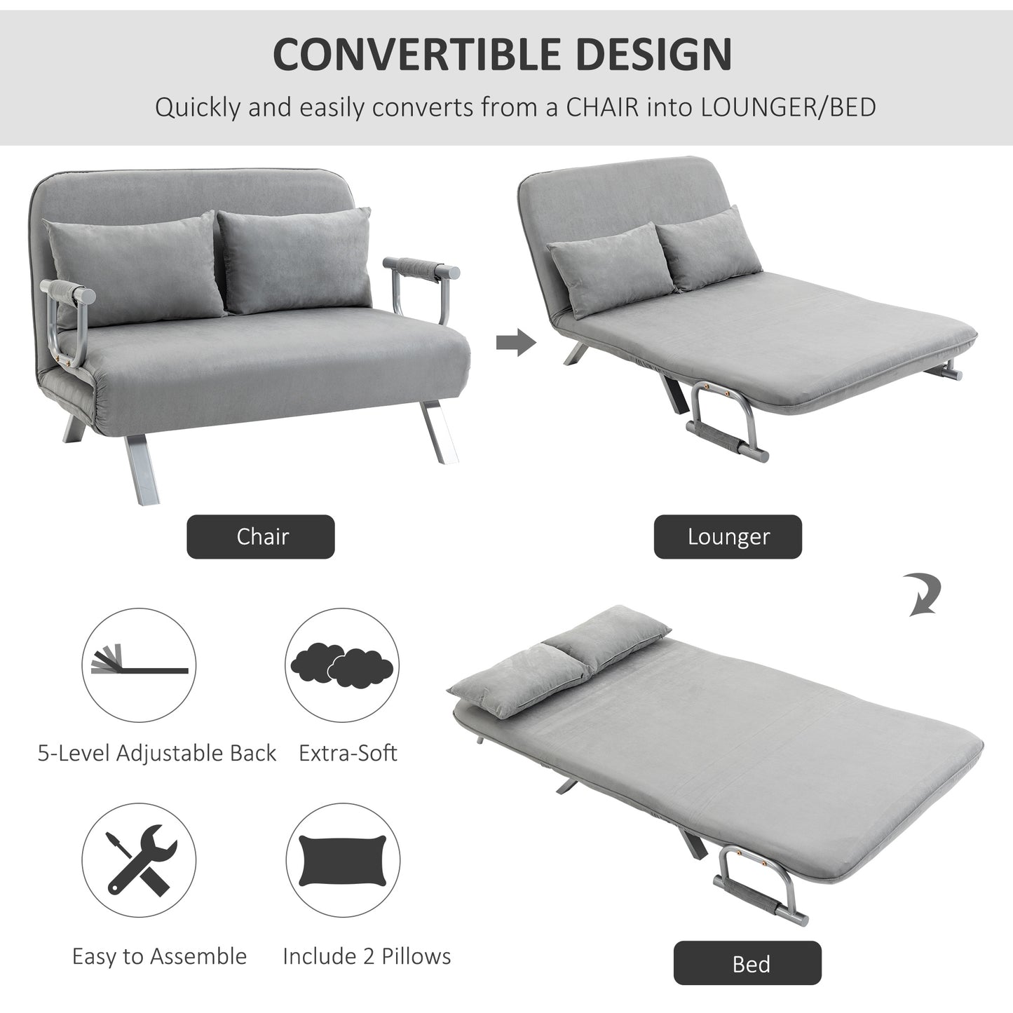 HOMCOM Light Grey Dual-Function Sofa Bed with Click-Clack Design