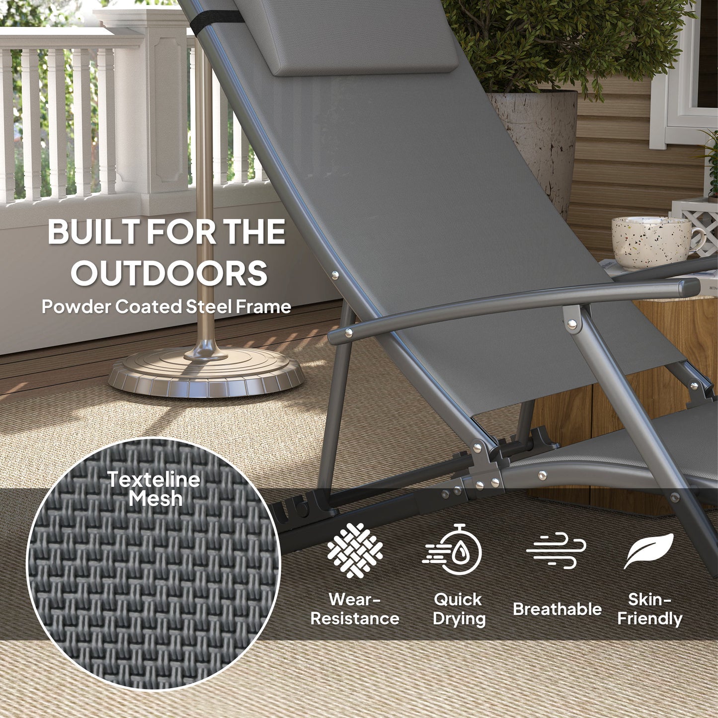 Outsunny Set of Two Adjustable Back Sun Loungers in Grey with Quick Dry Mesh and Head Pillows