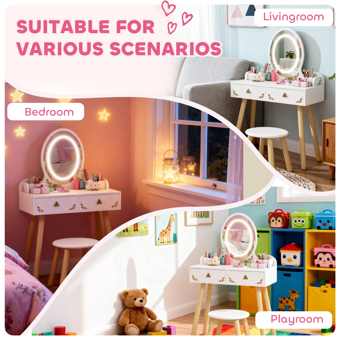 AIYAPLAY Kids Vanity Table And Chair Set With 3 Color LED Lights Mirror And Storage Drawers For Ages 3 And Up White