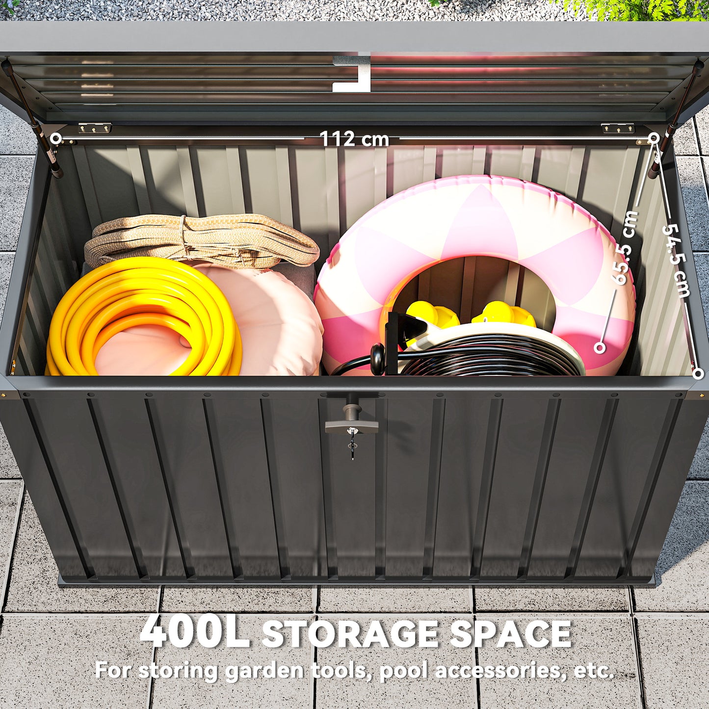 Outsunny 400L Galvanised Steel Garden Storage Box Black Weatherproof Outdoor Cushions Tools Storage