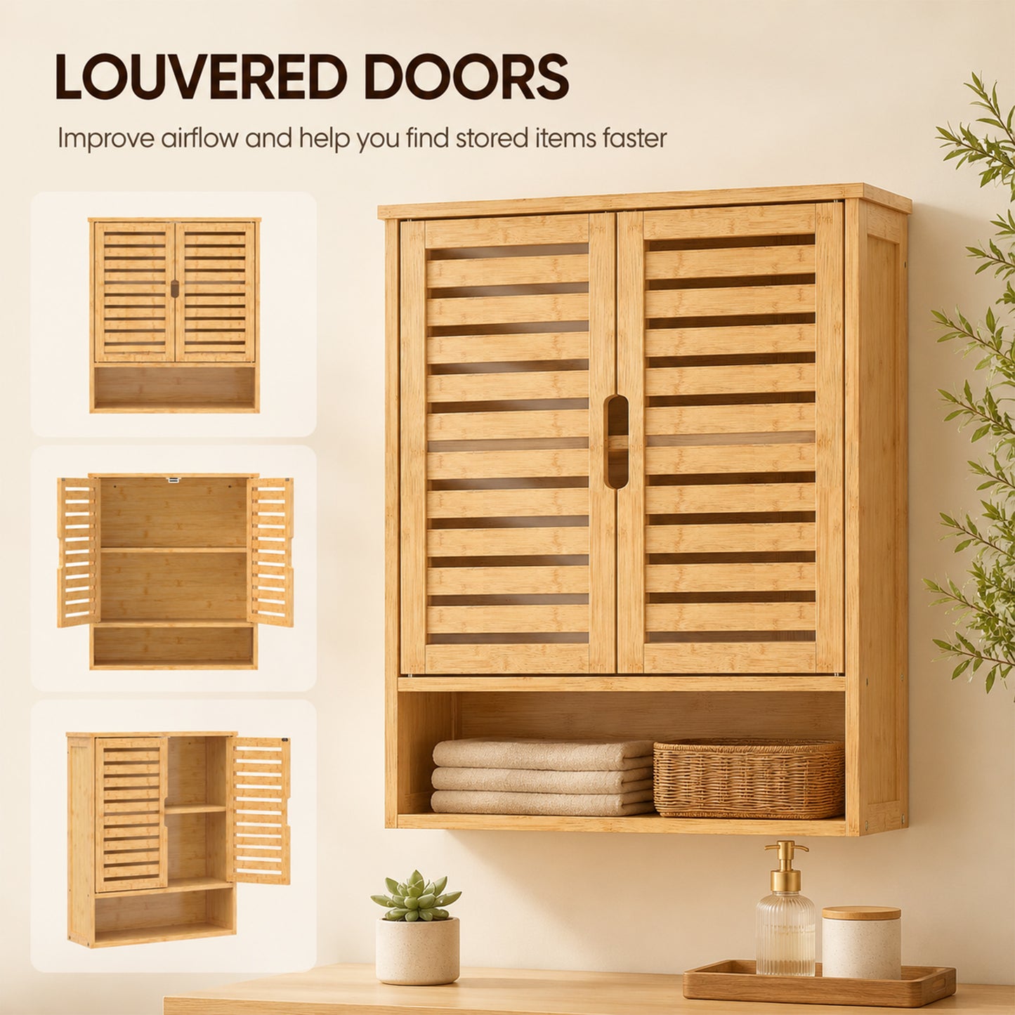 HOMCOM Bathroom Wall Cabinet Wall Mounted With 2 Louvered Doors Open Shelf And Adjustable Shelf Storage