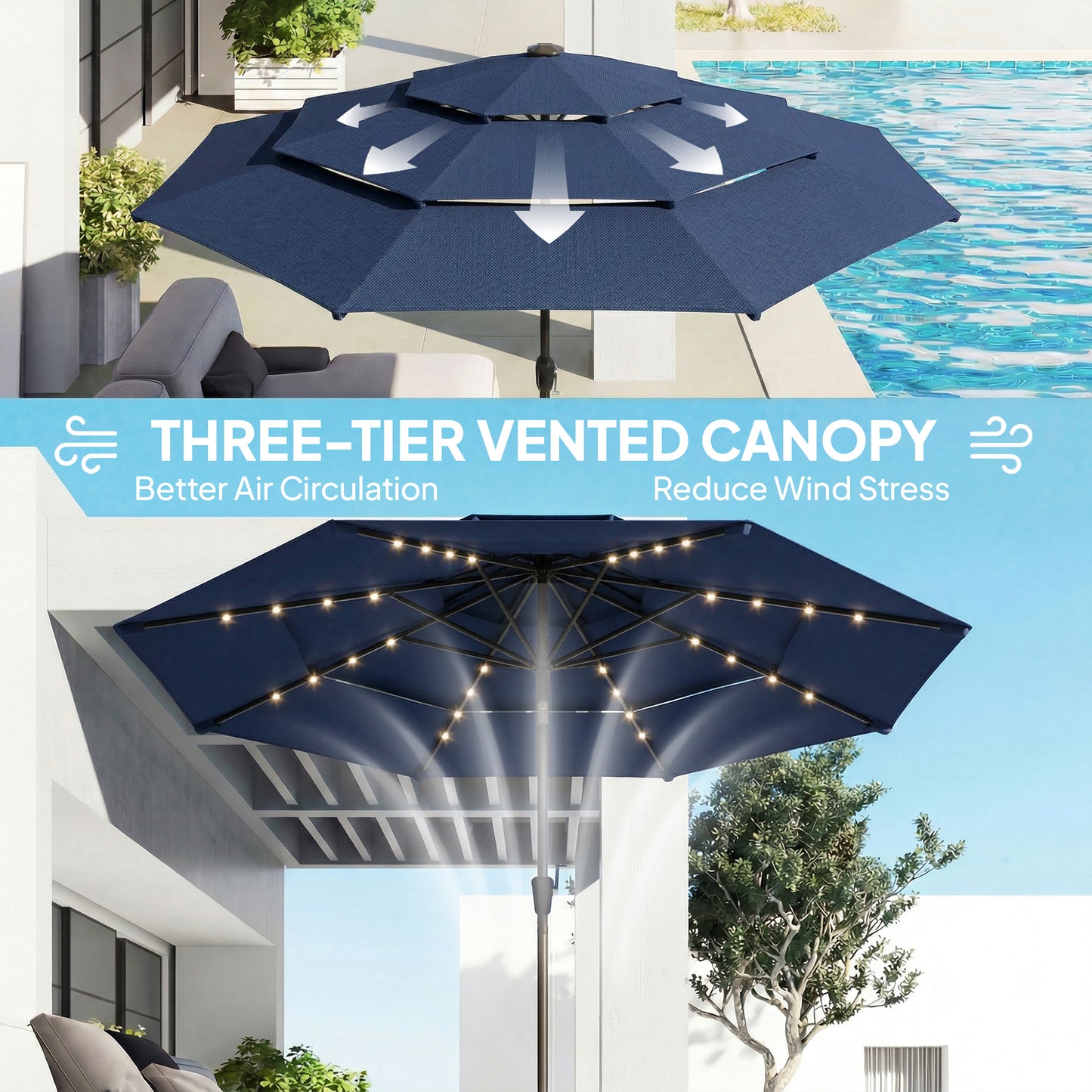 Outsunny 2 8 M Garden Parasol Umbrella With LED Solar Light Parasol Cover Navy Blue 3 Tier Outdoor Table Market Patio