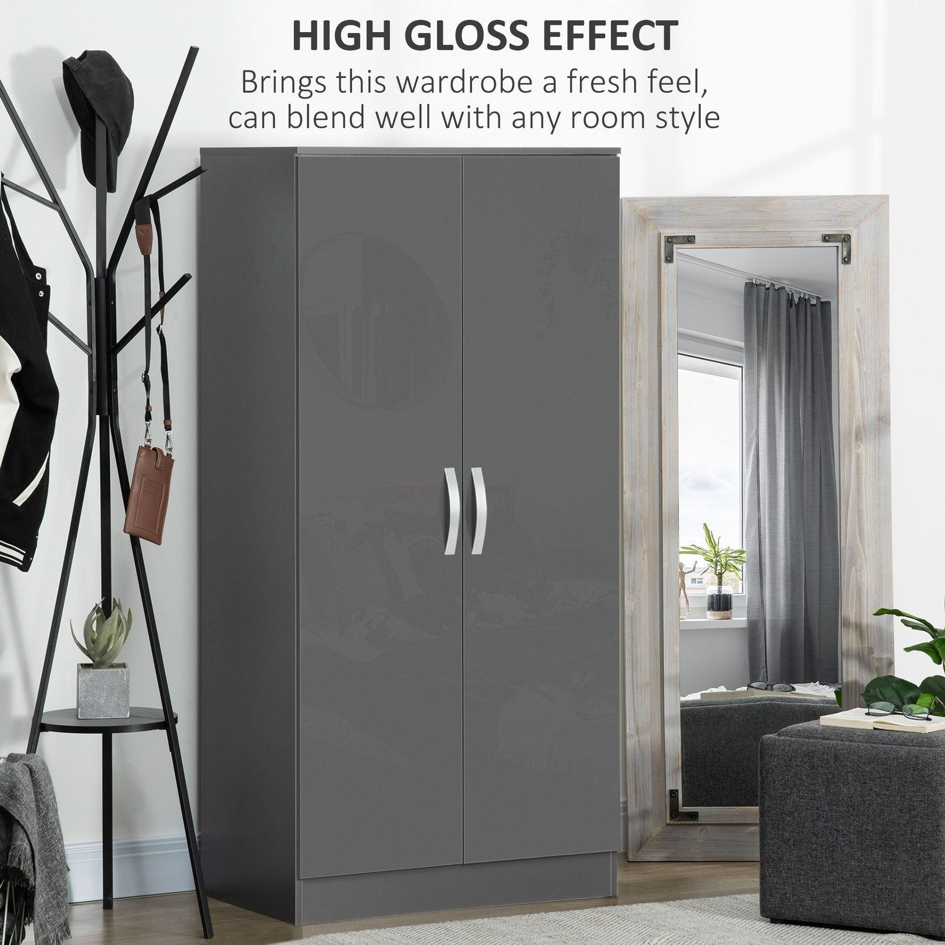 HOMCOM Modern Wardrobe Closet, Clothes Cabinet with High Glossing Door, Grey - ALL4U RETAILER LTD