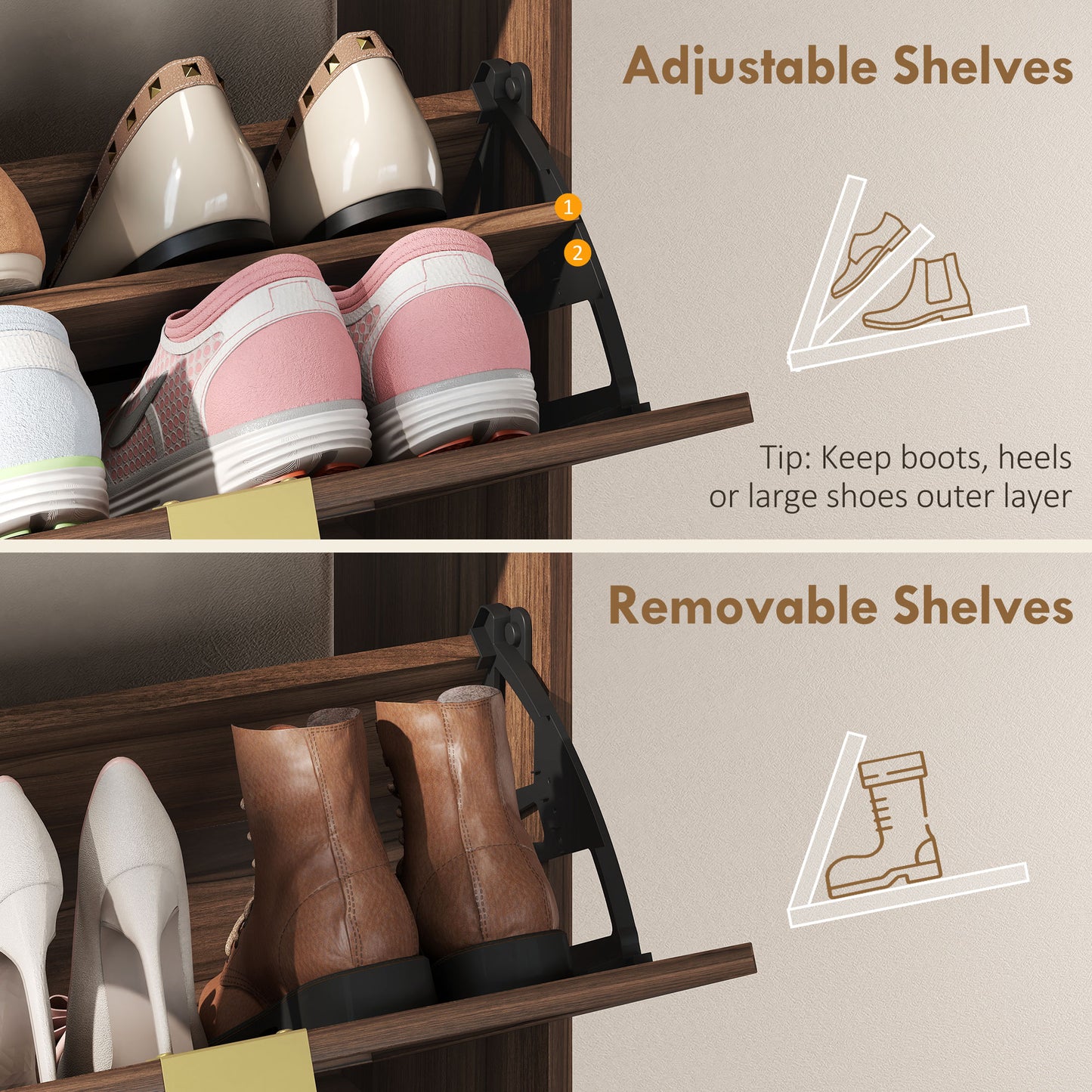 HOMCOM Narrow Shoe Cabinet With Two Flip Drawers Rustic Brown Entryway Hallway Shoe Storage