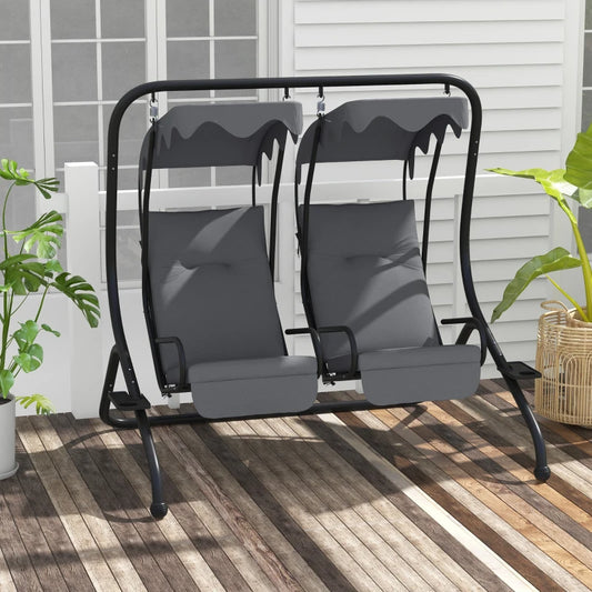 Outsunny Two-Seat Garden Swing Chair with Protective Canopy - Elegant Grey Outdoor Swing for Relaxation and Shade