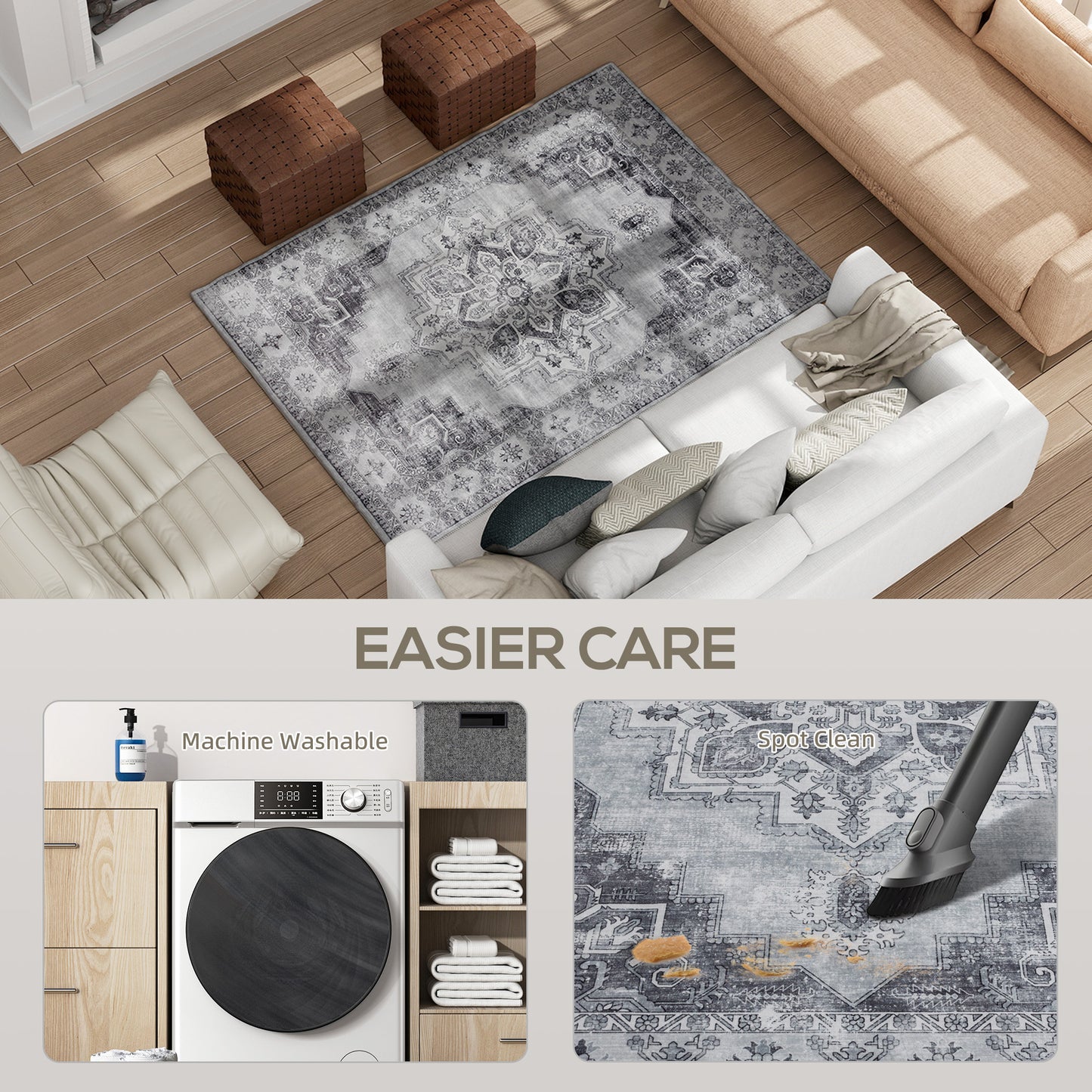 HOMCOM Vintage Area Rug Non Slip Washable Flannel Carpet For Living Room Bedroom Dining Room Home Office 170 x 120 cm