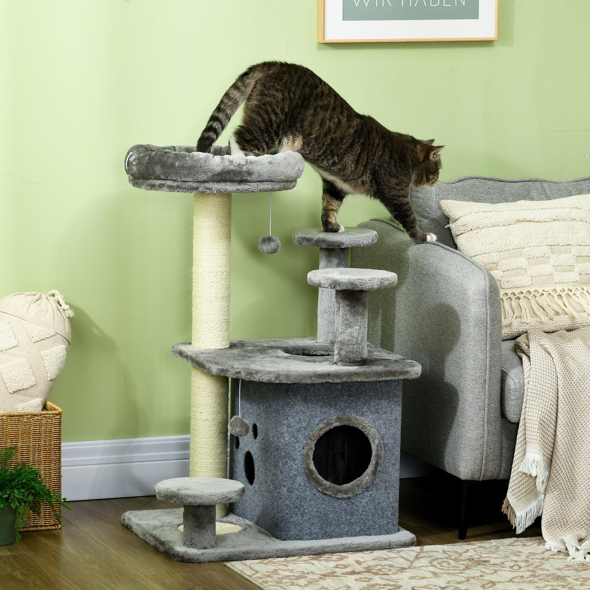 PawHut 92cm Cat Tree for Indoor Cats, Cat Tower with Scratching Posts, House, Bed, Grey - ALL4U RETAILER LTD