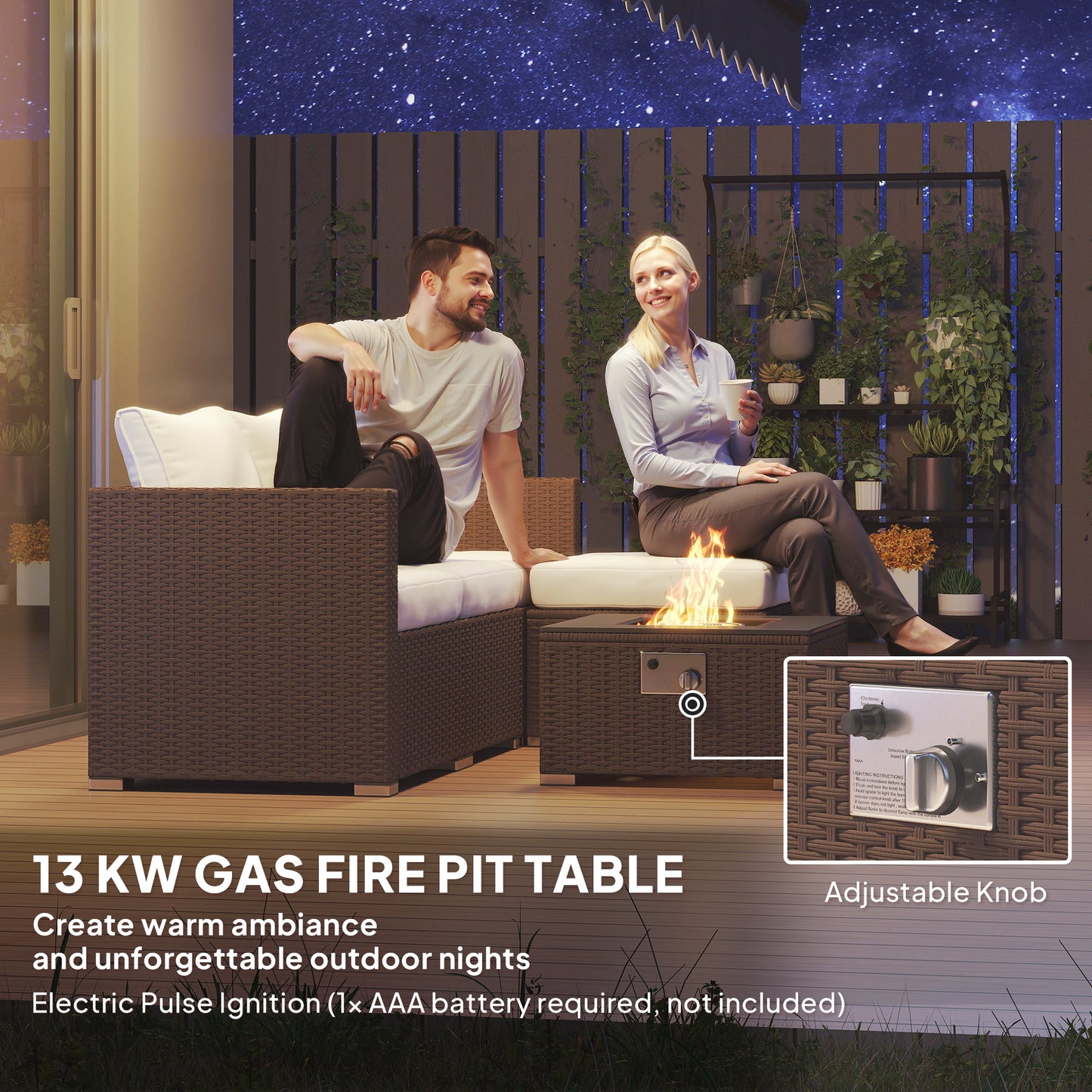 Outsunny Five Piece Rattan Garden Furniture Set With Gas Fire Pit Table And Footstool Brown And Cream White
