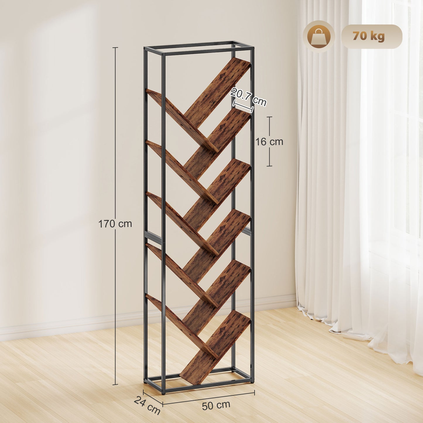 HOMCOM 10 Shelf Industrial Style Tree Bookshelf With Metal Frame Black And Brown