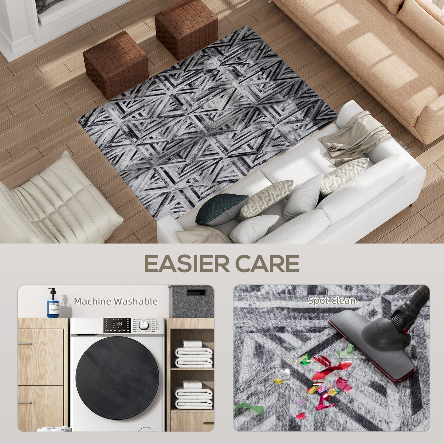 HOMCOM Modern Area Rug Triangle Pattern Non Slip Washable Chenille Floor Carpet For Living Room Black 170 By 120 Cm