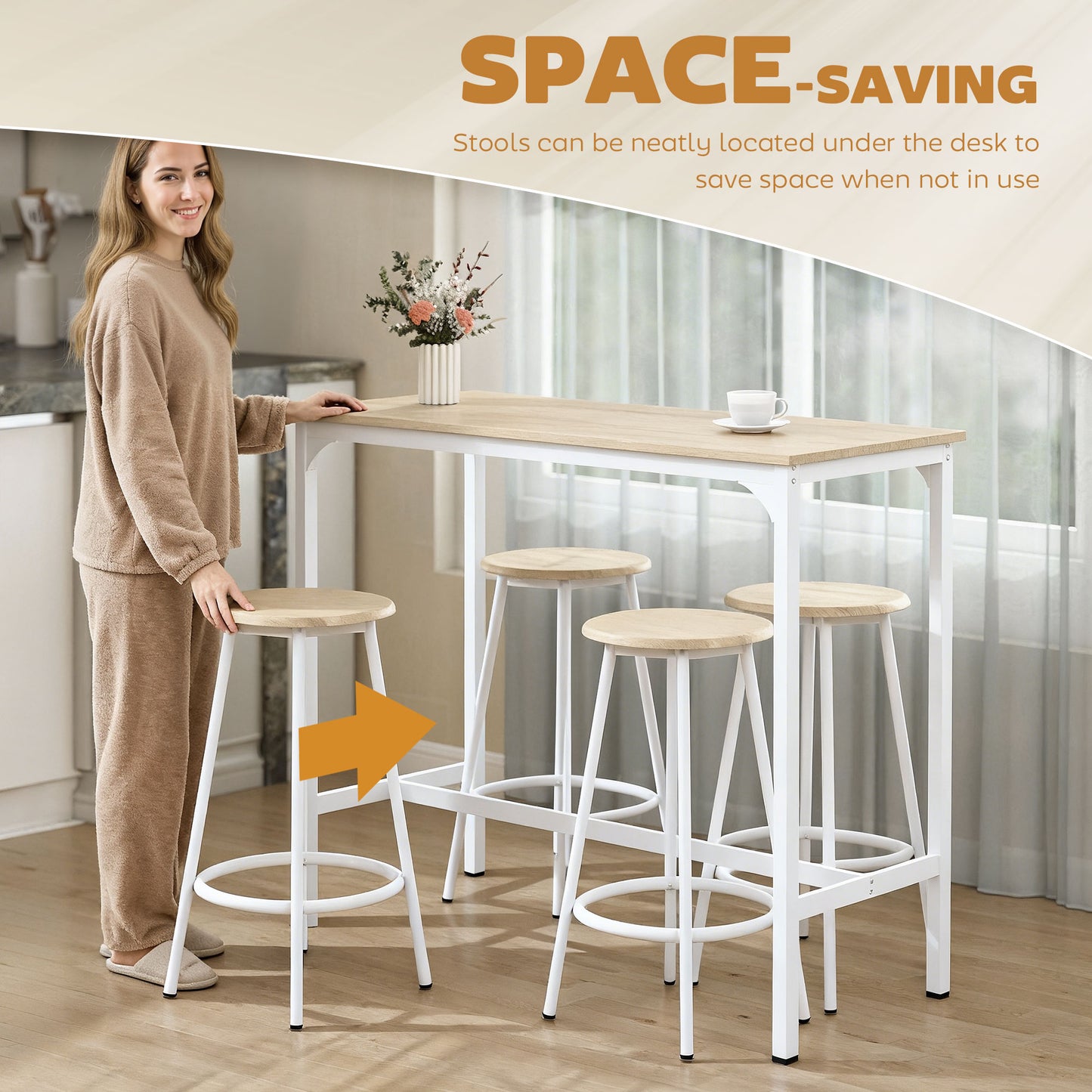 HOMCOM Five Piece Bar Table Set For Four With Stools Metal Frame Footrest Natural Wood