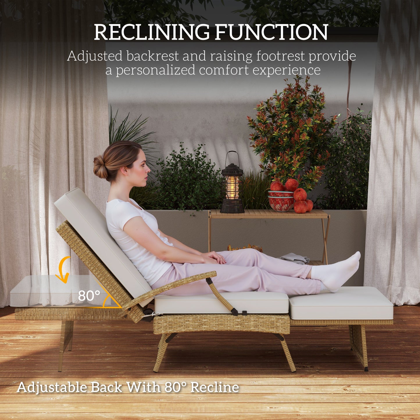 Outsunny 80 Degree Reclining Rattan Lounger With Footrest Ideal Outdoor Garden Chair White Beige