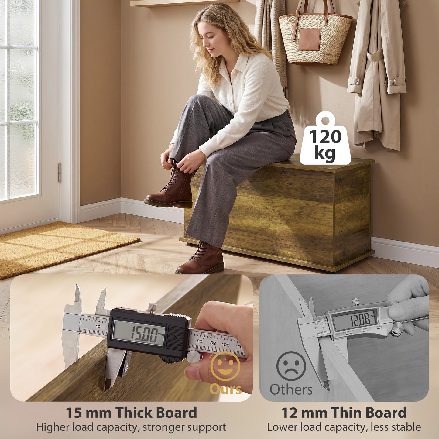 HOMCOM Storage Chest 102L Blanket Box Shoe Bench With Safety Hinged Lid Bed End Bench 80x40x45cm Brown