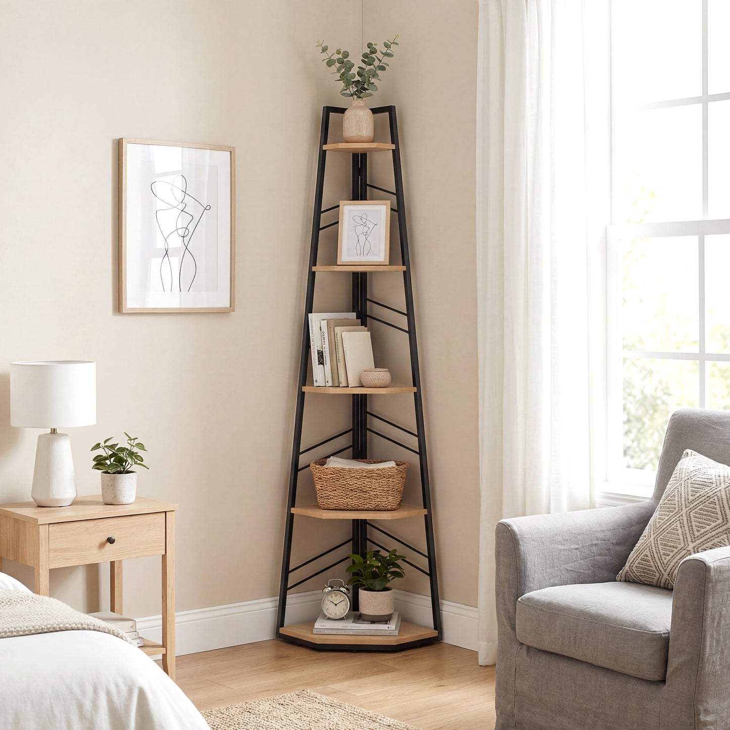 HOMCOM Corner Bookcase Five Tier Floor Standing Bookshelf Shelving Unit for Living Room Study Bedroom Natural Wood