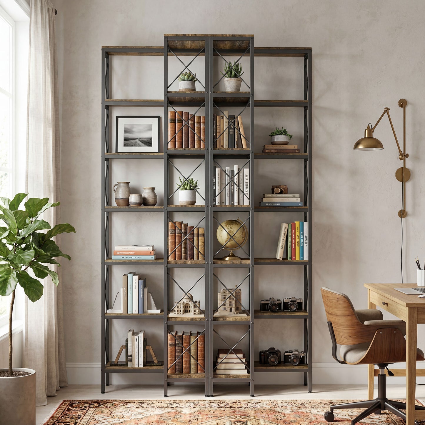 HOMCOM 200 cm Industrial 6 Tier L Shaped Bookshelf Freestanding Corner Bookcase With Metal Frame Rustic Brown Finish