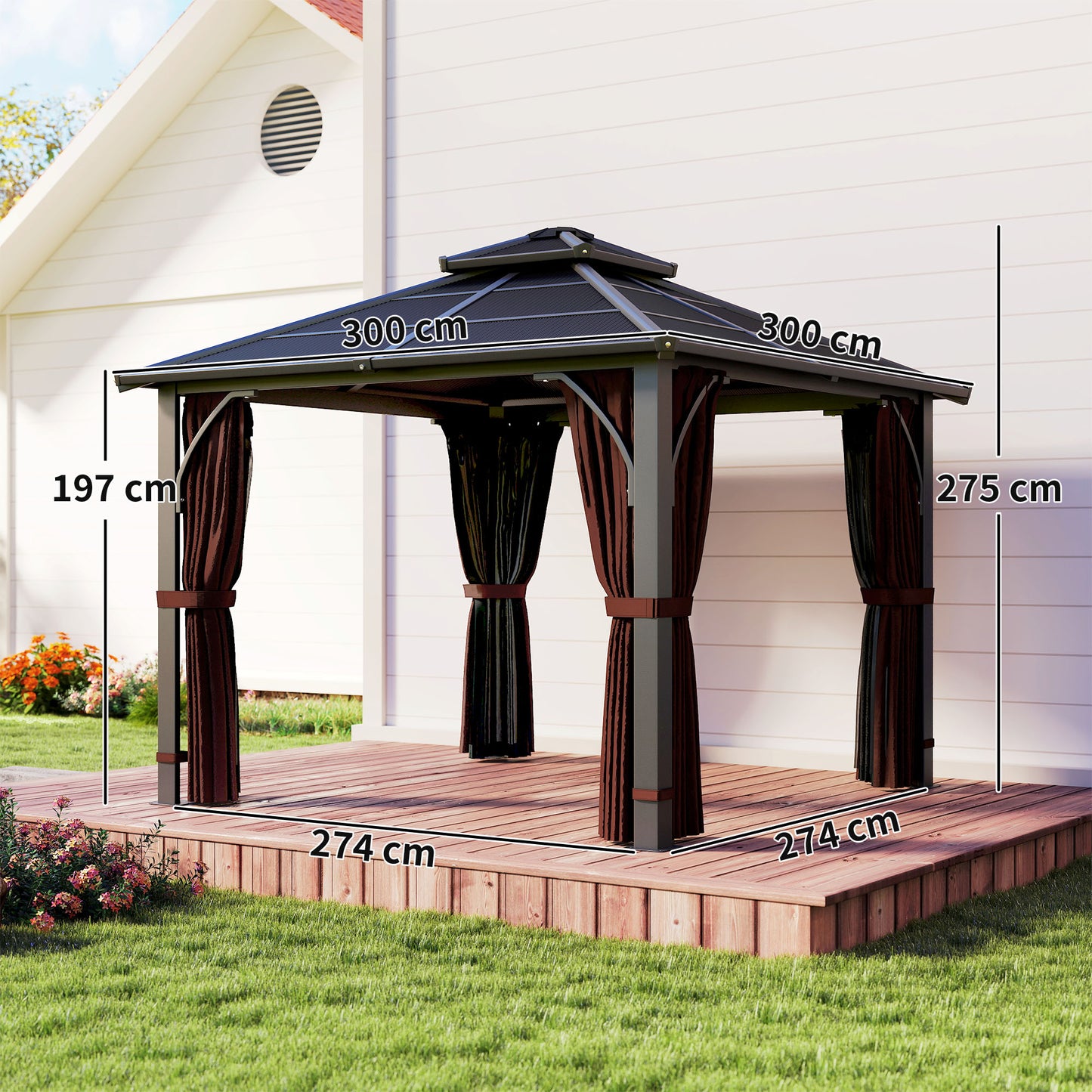 Outsunny 3x3m Hardtop Gazebo With 7mm Polycarbonate Double Tier Roof Garden Patio Mosquito Netting Curtains Brown