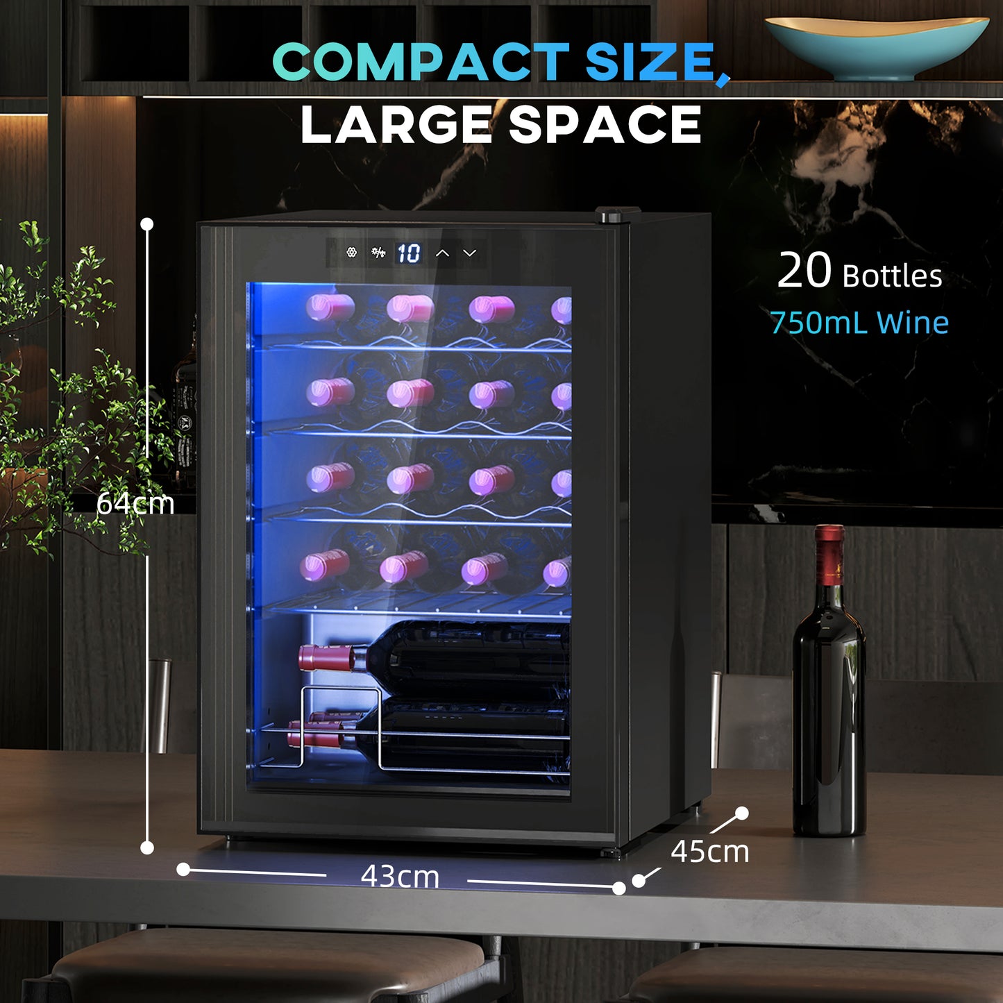 HOMCOM 20 Bottle Countertop Wine Fridge With Adjustable 5-18 Celsius Temperature Black
