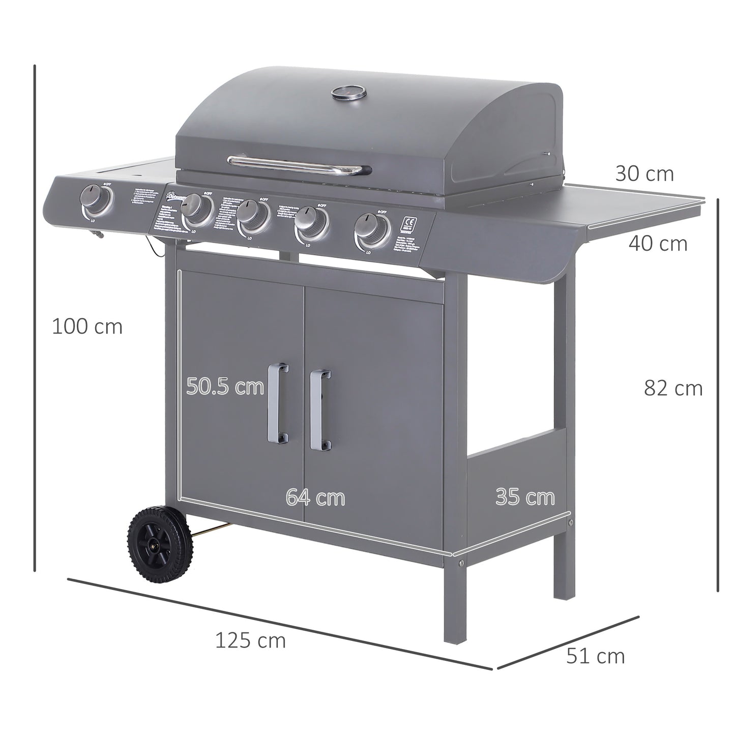 Outsunny 4 Burner And 1 Side Burner Gas BBQ Grill With Wheels Warming Rack And Side Shelves For Garden Party Camping
