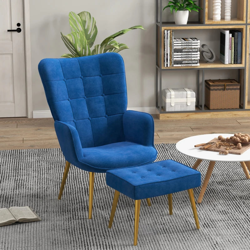 HOMCOM Modern Velvet Wingback Armchair with Footstool - Dark Blue