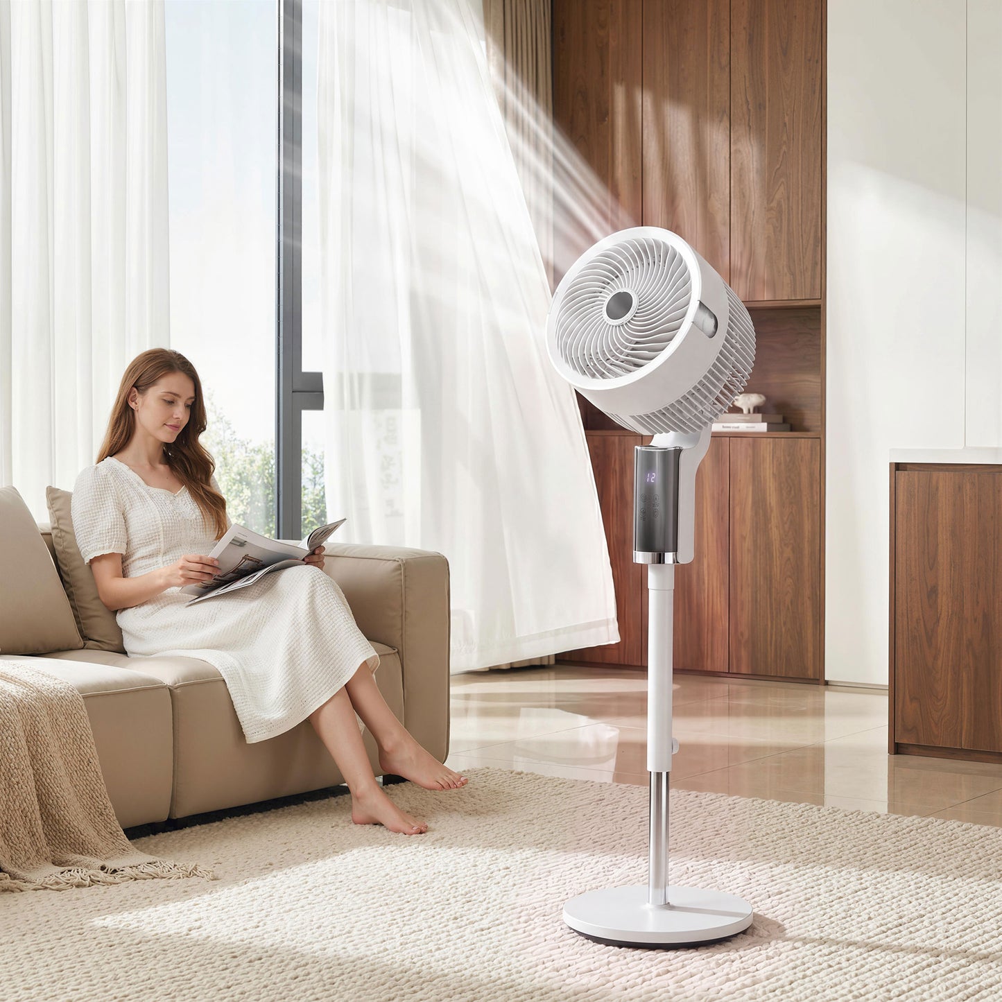 HOMCOM 44 Inch Pedestal Fan Quiet 20dB Sleep Mode 90 Degree Oscillation 8 Speeds LED Light White Bedroom