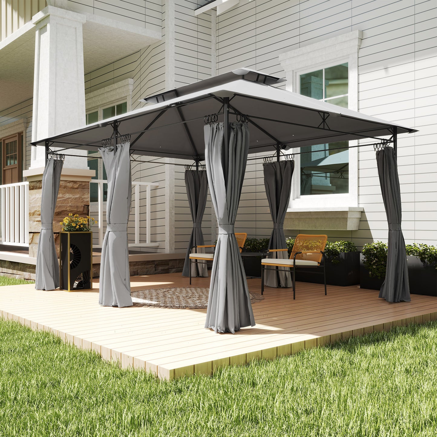 Outsunny 3x4m Metal Frame Gazebo With Two Tier Roof In Dark Grey For Outdoor Parties And Relaxation