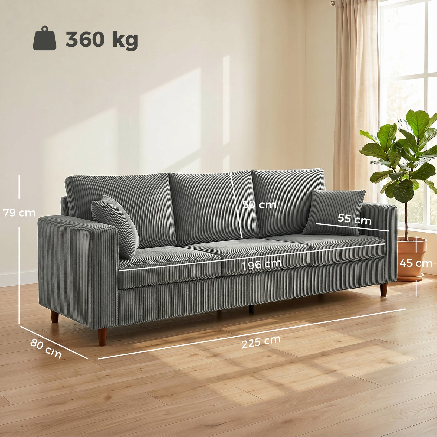 HOMCOM Three Seater Sofa With Wide Deep Seat Corduroy Upholstery Pocket Spring Cushion Support In Light Grey