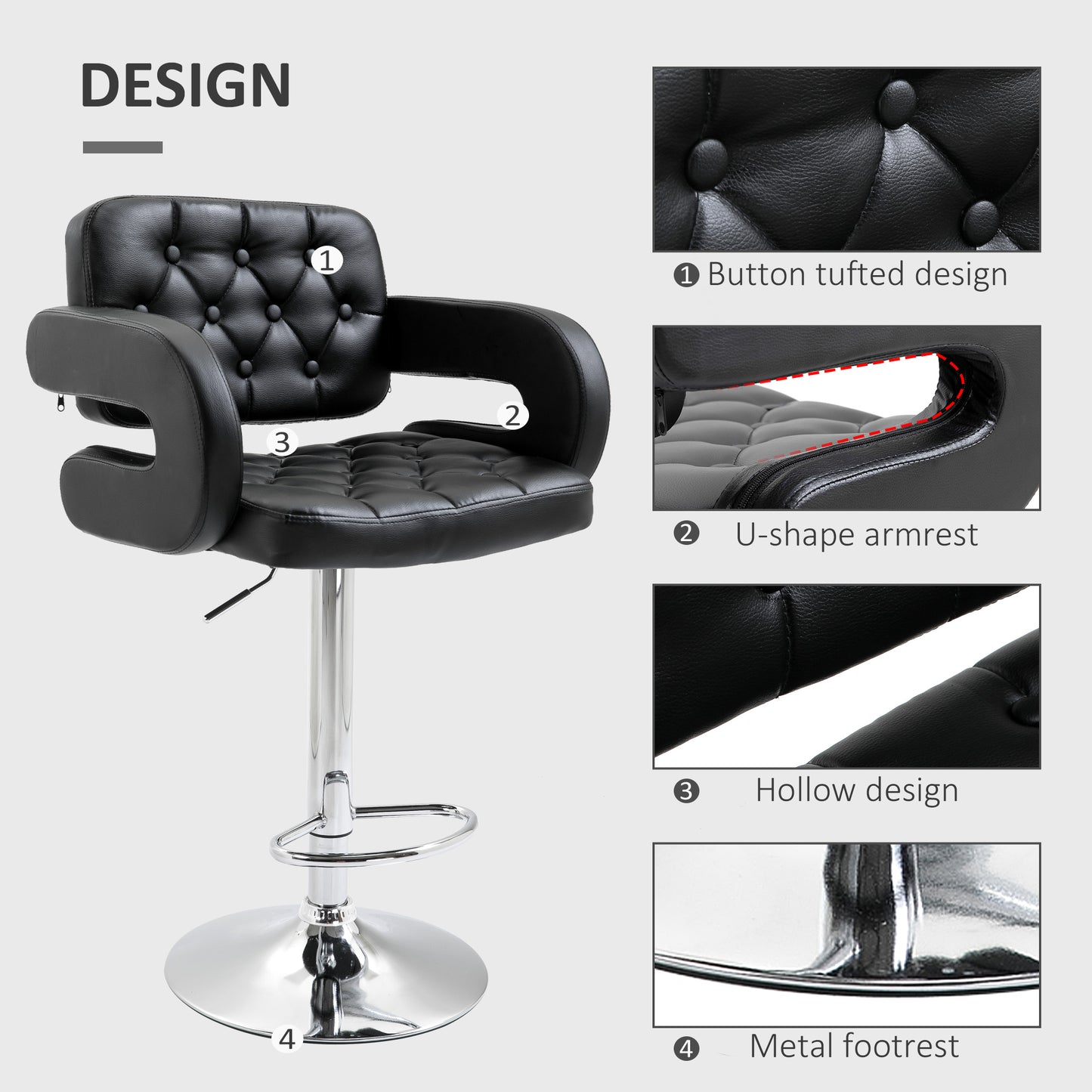 Set Of 2 PU Leather Upholstered Swivel Bar Stools Height Adjustable With Back Armrests And Footrests For Kitchen