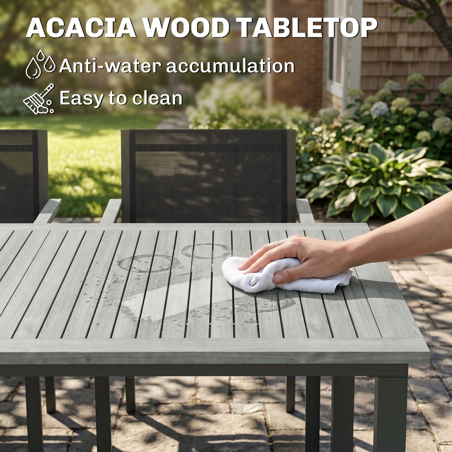 Outsunny Seven Piece Garden Dining Set With Acacia Wood Table Top And Texteline Chairs For Six In Grey