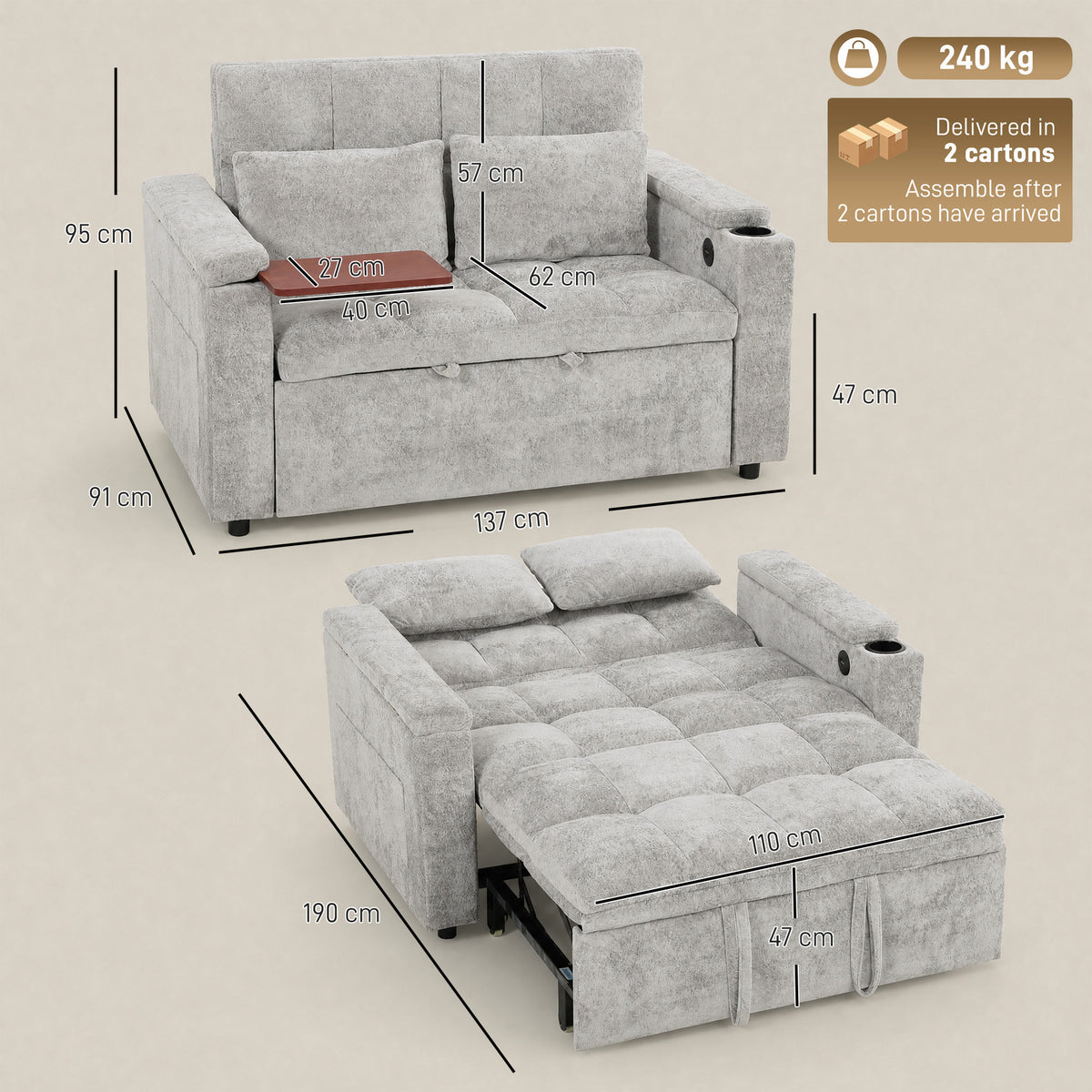Grey 2-seater sofa bed shown with pull-out sleeper bed in open position