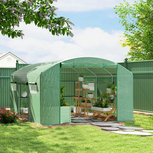 Outsunny 13 x 9.8 ft Walk-In Polytunnel Greenhouse With Roll-Up Doors And Mesh Windows 140gsm Cover