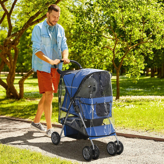 PawHut Blue Dog Stroller with Rain Cover, Folding Pet Pram for Small Dogs - ALL4U RETAILER LTD