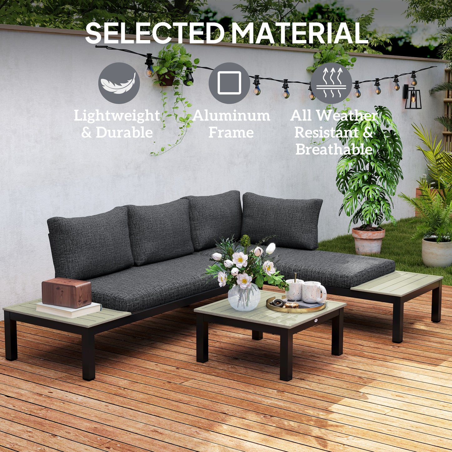 Outsunny 3 Piece Aluminium Outdoor Garden Furniture Set 4 Seater Corner Sofa With 2 Loveseats And Coffee Table