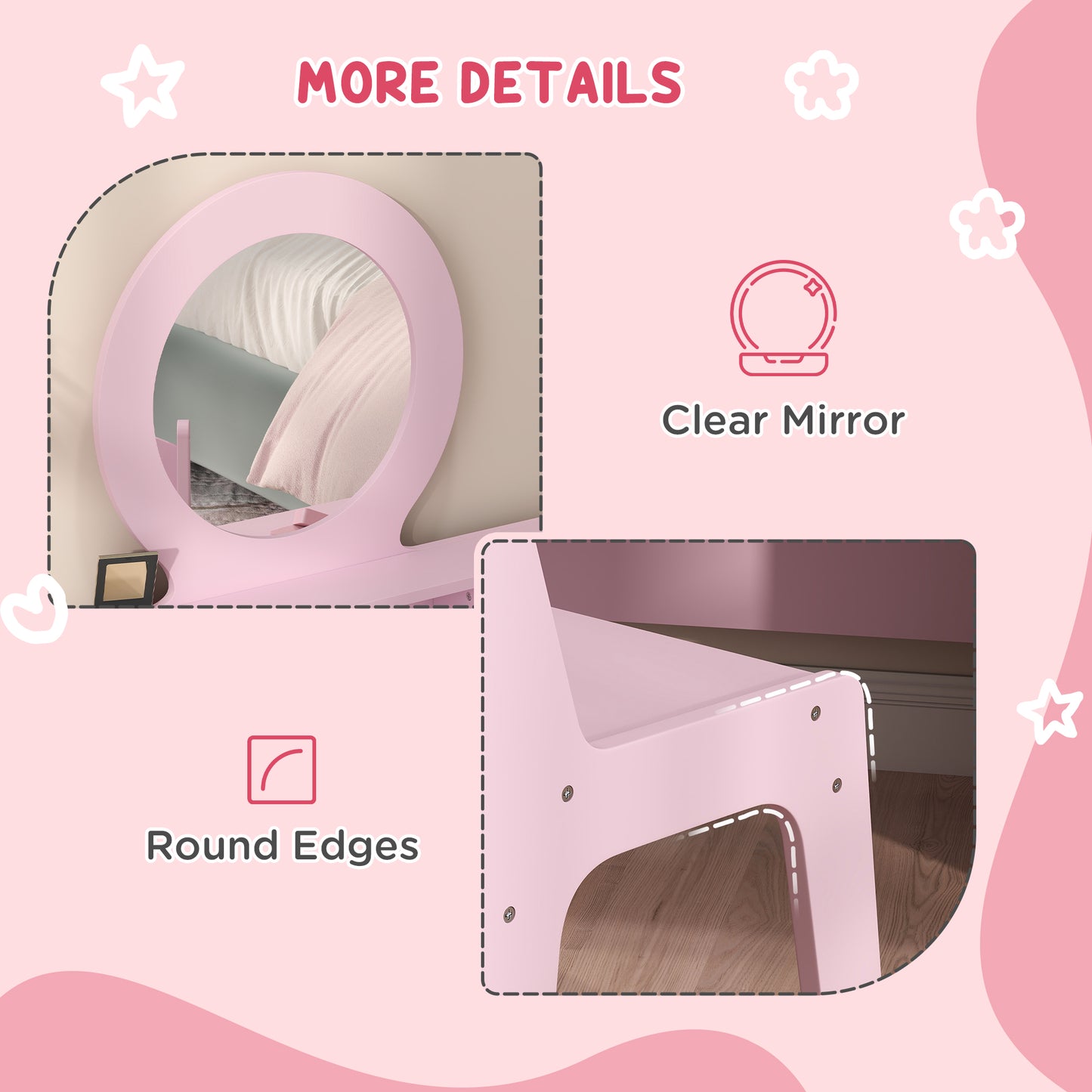 HOMCOM Charming Kids Makeup Vanity Set with Mirror and Stool - Perfect Gift for Ages 3-8 - ALL4U RETAILER LTD