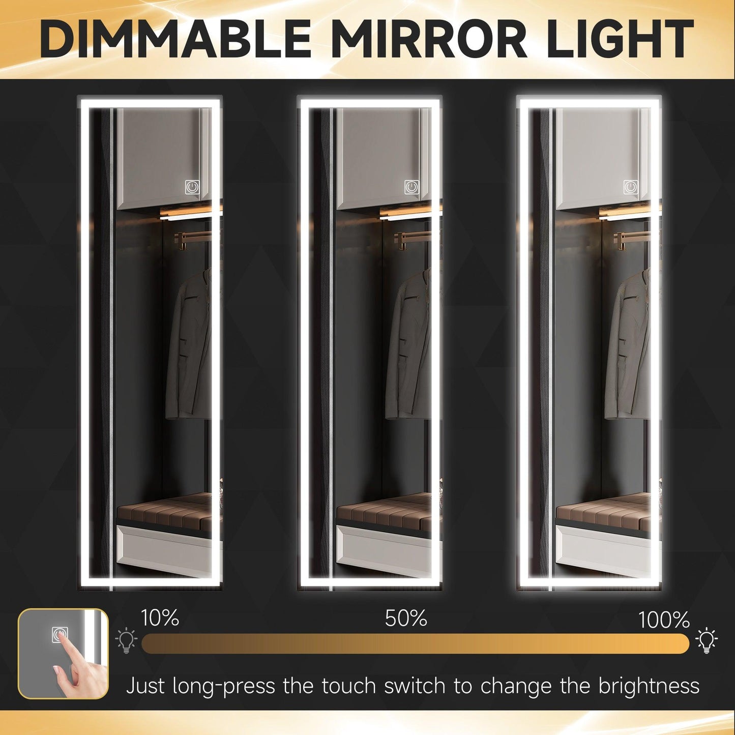 HOMCOM Dimming Full Length Mirror, 120 x 40cm Long Wall Mirror with 3 Colour LED, Smart Touch, Memory Function - ALL4U RETAILER LTD