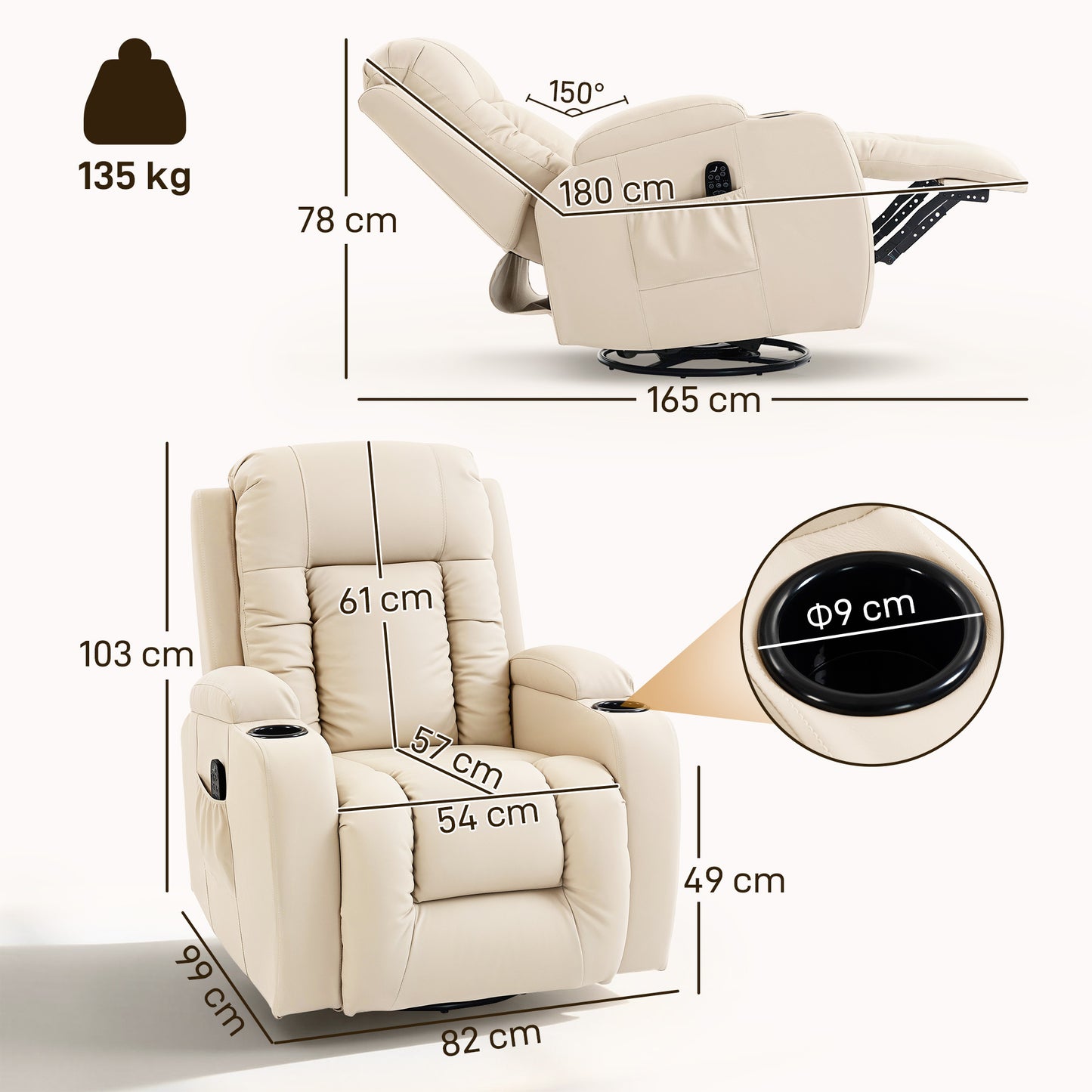 HOMCOM PU Leather Eight Point Vibrating Massage Recliner Chair With Extended Footrest Cup Holders Side Pockets Cream
