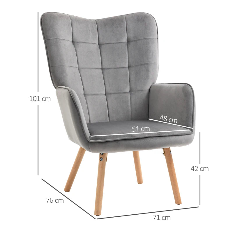 HOMCOM Set of 2 Modern Accent Chairs: Velvet-Touch Tufted Wingback Armchairs, Upholstered Leisure Lounge Sofas with Wood Legs - Grey - ALL4U RETAILER LTD