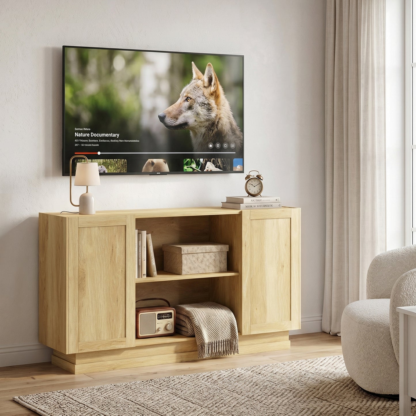 HOMCOM Sideboard Buffet Cabinet 133 cm Storage With 2 Open Shelves And 2 Cupboards Soft Close Doors Natural Finish