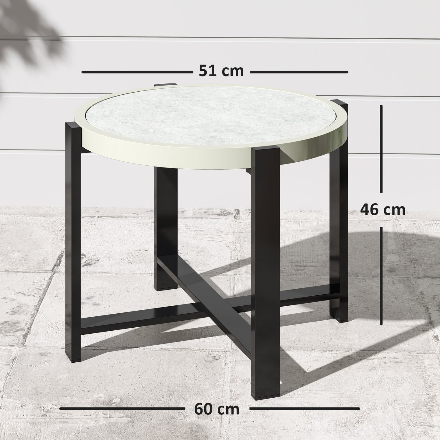 Outsunny Round Garden Table 60cm Outdoor Side Table With Faux Marble Tempered Glass Top Aluminium Frame Light Grey