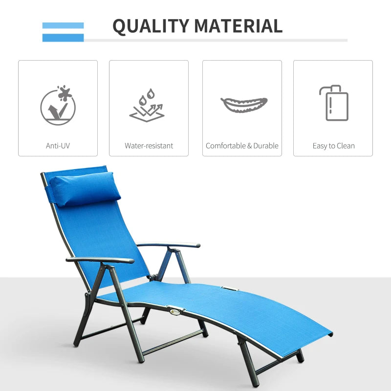 Outsunny Blue Folding Sun Lounger with Headrest - Steel Frame Outdoor Chaise Lounge Chair, 7-Level Adjustable Recliner - ALL4U RETAILER LTD